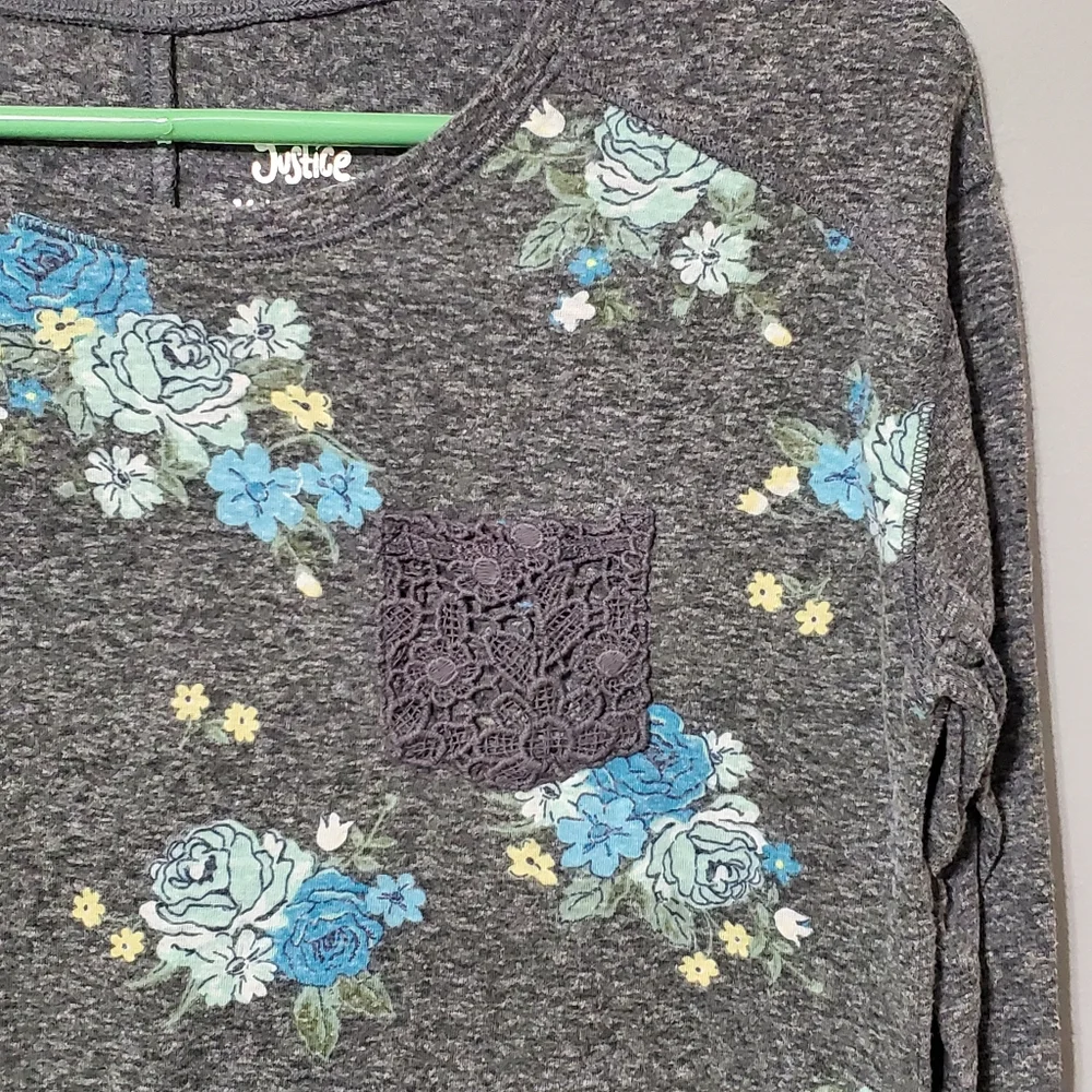 Justice Gray Long Sleeve Tee Shirt Blue Floral Lace Pocket Girls Size 16